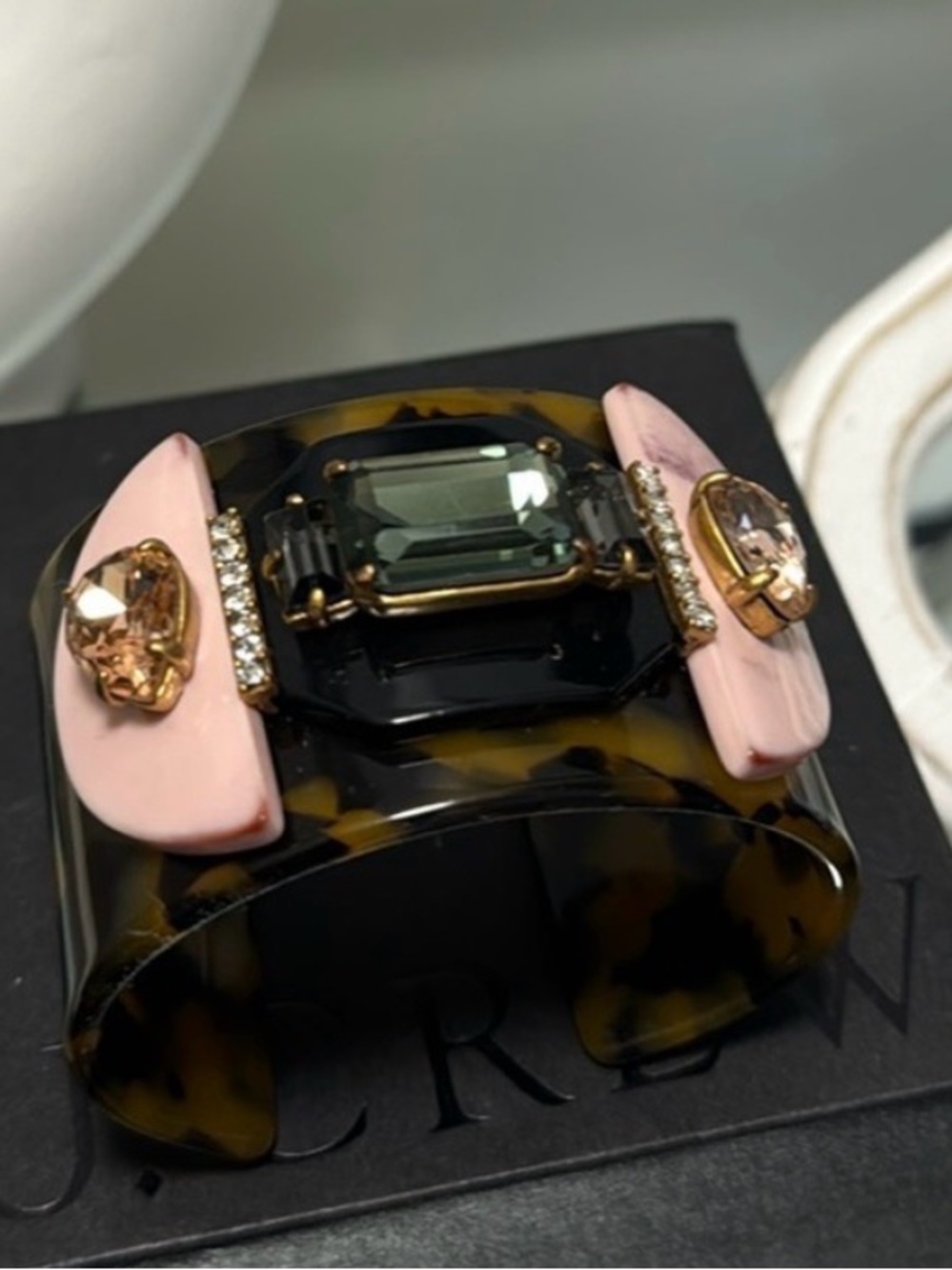 J. Crew Tortoiseshell Resin Cuff with Pink and Green Gem Accents